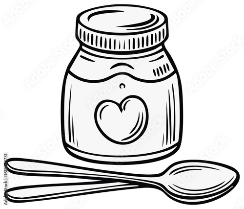Baby food jar with heart symbol and spoons illustration. Concept of love and care for babies.