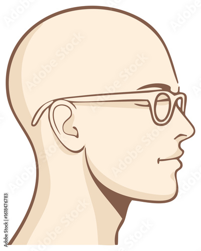 Illustration of bald man's head in profile wearing stylish glasses