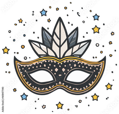 Hand drawn carnival mask with feathers and stars for festive celebration artwork or masquerade party decoration idea