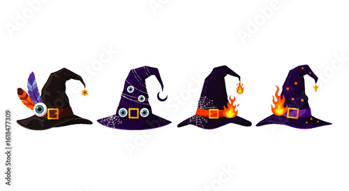 A whimsical set of four decorated Halloween witch hats with eyes flames and feathers.