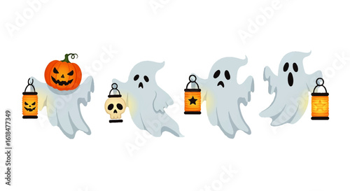 Halloween Ghosts with Pumpkin Skull and Lanterns Spooky Season Cartoon Style.