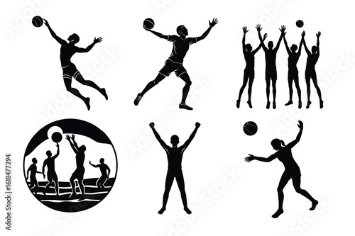 
Set of six Volleyball activities silhouette vector