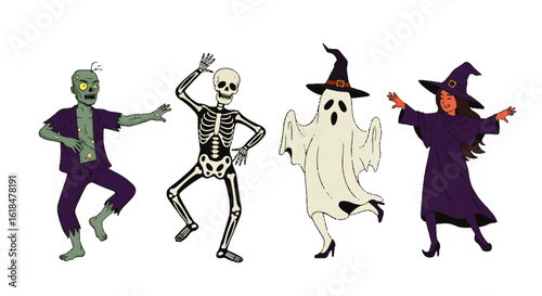 Set of four dancing Halloween characters: a green zombie a skeleton a ghost in heels and a smiling witch in a purple robe.