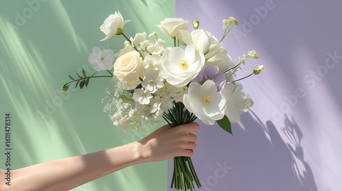 Elegant Flower Bouquet in Hand Pastel Green, Lavender, and Yellow Floral Background