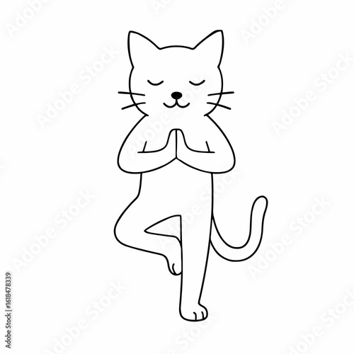 Minimalist line drawing of cat standing on one leg in Tree Pose (Vrikshasana)  with closed eyes and front paws in prayer. Yoga, wellness, pet.