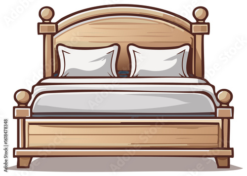 Illustration of a Wooden Bed with Pillows and White Sheets for Bedroom Design