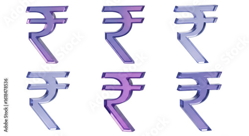 Six 3D-rendered Indian Rupee symbols displayed against a white background for financial or economic themes