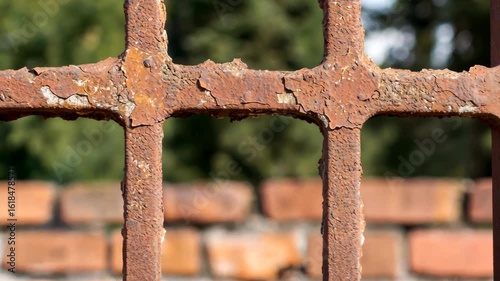 Rusty Metal Gate Detail:  Close-up of an Old, Weathered Iron Fence with Brick Wall Background