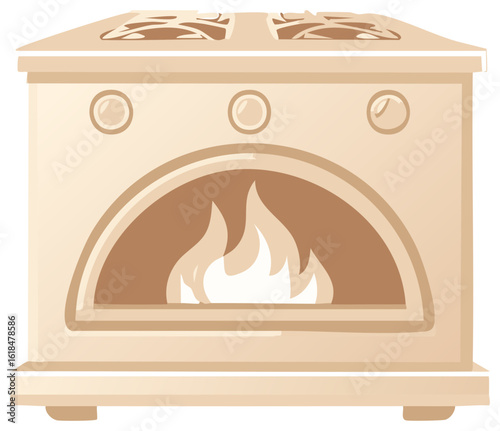 Cream stove appliance with flames, three circular knobs and vintage design in an illustration.