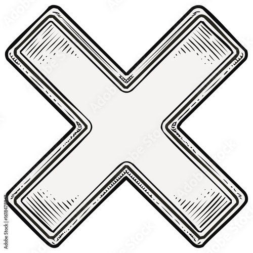 Vintage Hand Drawn X Mark Symbol With Textured Hatching and Outline