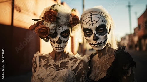 Day of the Dead celebration with individuals wearing traditional skull face paint and ornate clothing, standing together outdoors in a street setting during daylight.