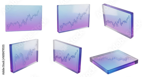 Multiple transparent glass blocks showcasing a digital stock market graph with an upward trend suitable for financial presentations