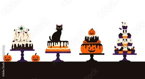 Spooky Halloween Dessert Collection: Eyeball Cake Black Cat Cake Pumpkin Cake and Ghost Cupcake Tower Illustration.
