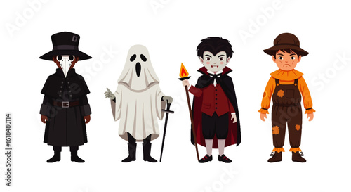 Cartoon Halloween Characters: Plague Doctor Ghost Vampire and Scarecrow.
