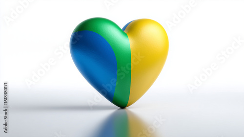 A large matte 3D heart with Brazil flag colors (green, yellow, blue), standing on a reflective floor, isolated on a pure white background.