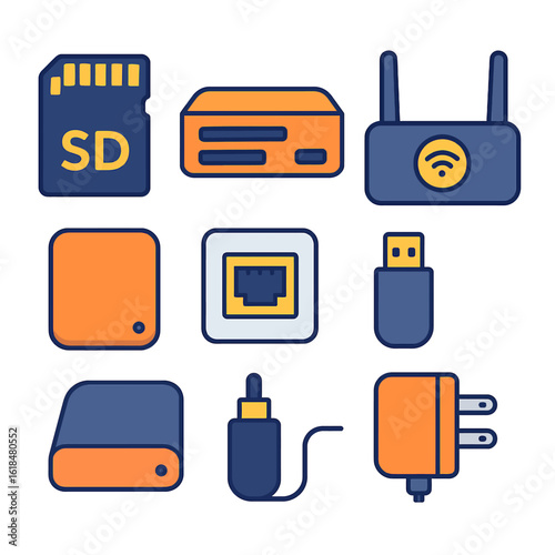 Connectivity essentials for the modern home or office: SD card, router, hard drive, USB, and charger