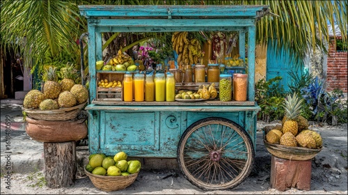 Fototapeta Naklejka Na Ścianę i Meble -  Vibrant turquoise cart laden with tropical fruits and juices