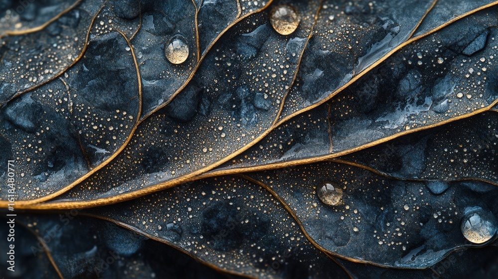 Fototapeta premium Close-up of water droplets on dark leaves with texture