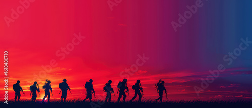 A group of soldiers are walking across a field at sunset