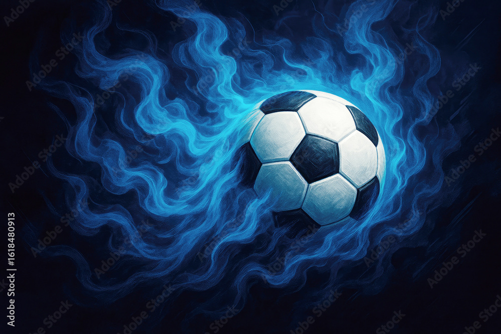 Obraz premium Dynamic soccer ball surrounded by swirling blue smoke creating a dramatic and energetic visual effect