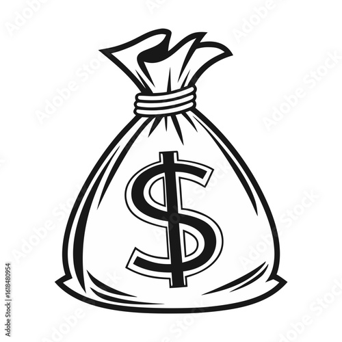 Money Bag: A stark, monochromatic illustration of a tied money bag, boldly emblazoned with a dollar sign.