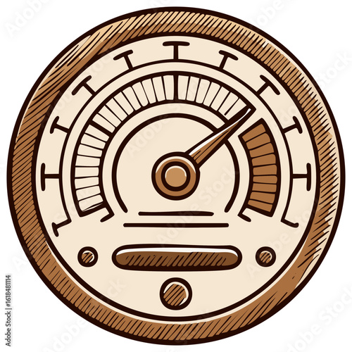 Sketched Analog Speedometer with Needle Indicating Level of Measurement in Brown and Cream Tones