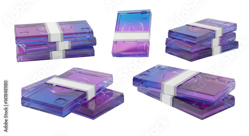 Abstract glass money bundles arranged on white surface showcasing potential investment themes with blurred backgrounds