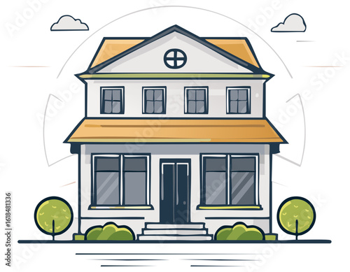 Classic two story house with stylized windows and orange roof surrounded by trees and clouds