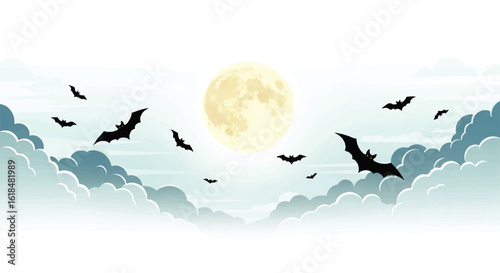 Silhouettes of Bats Flying Under a Full Moon Through Clouds.