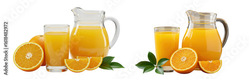 Two carafes of orange juice with glasses and orange slices isolated on transparent background