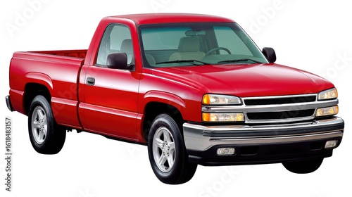 Bright Red Pickup Truck with Single Cab and Open Bed Displayed on a White Background