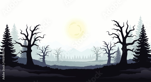 Silhouetted Spooky Trees and Forest Landscape with Pale Moon Vector Illustration.