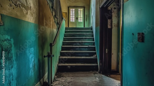 Decaying stairwell in an abandoned building