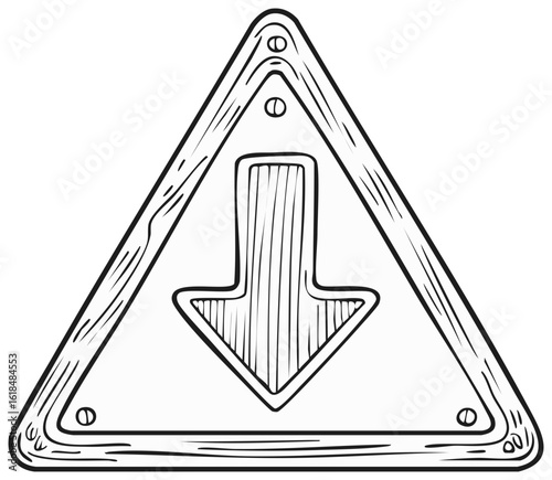 Triangular warning sign with a downward pointing arrow illustration