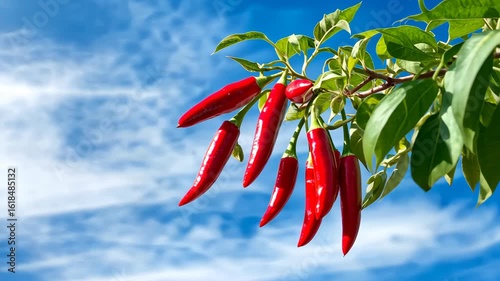 Vibrant Red Chili Peppers Hanging on a Branch Against a Bright Blue Sky