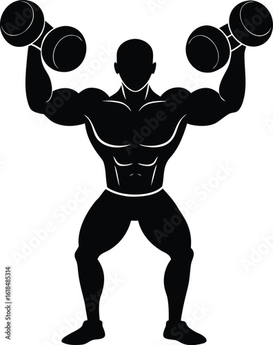 Muscular person lifting weights silhouette isolated on transparent background
