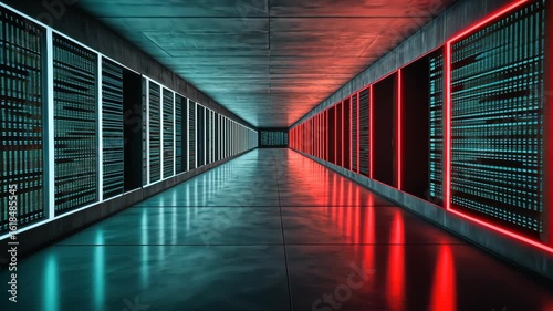 Neon Lit Server Room Corridor: A Digital Cyberpunk Dreamscape