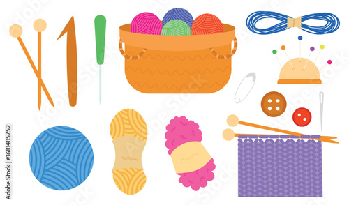 Set of threads, knitting needles and hooks for knitting. Basket with balls of threads, balls of yarn for knitting, skein of threads, sewing needles, buttons and a pin. Items for handmade knitting.