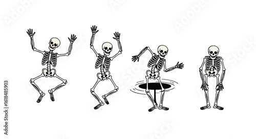 Three Cartoon Skeletons in Different Poses Jumping Dancing and near a Hole.