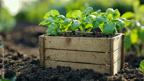 Wooden Crate with Seedlings in a Garden