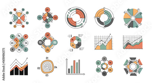 Collection of hand drawn infographic elements including charts diagrams and cycle diagrams on white