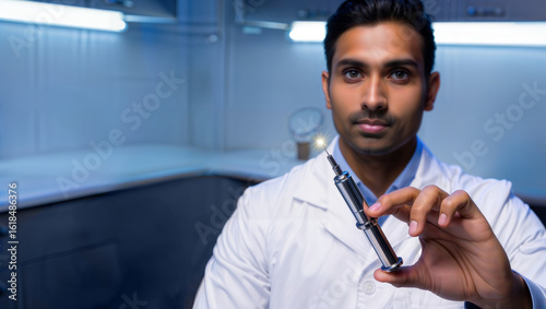 Scientist with a syringe. A male doctor or researcher in a white lab coat holds up a syringe, looking at the camera in a modern laboratory or clinic.