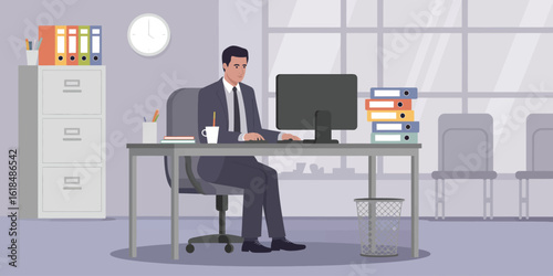 Focused Businessman at Work – Office Vector

