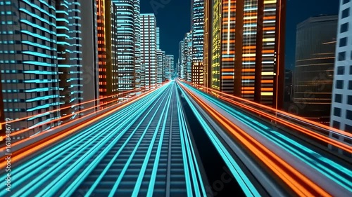 Futuristic City Nightscape: A vibrant, high-speed rail journey through illuminated skyscrapers.
