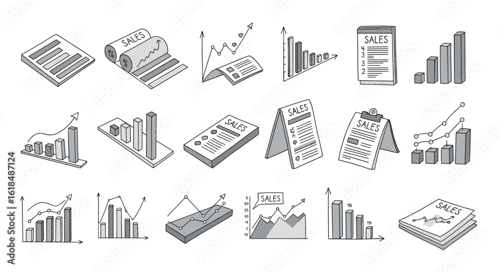Fototapeta premium Collection of hand drawn sales data charts and graphs with bar and line representations for business analysis