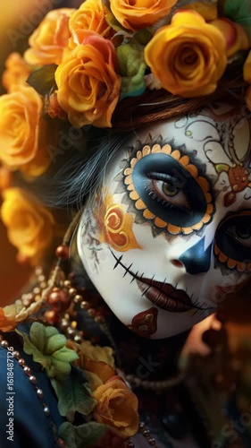 Intricate skull face makeup with floral headpiece and bead adornment, evoking Day of the Dead traditions with warm golden light. Vertical video.