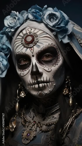 Day of the Dead woman wearing blue roses headdress with skull face paint and ornate jewelry. Vertical video.