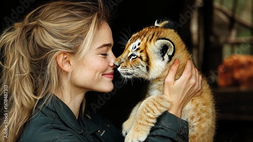 Tenderness and Love: A Woman's Gentle Embrace of a Tiger Cub