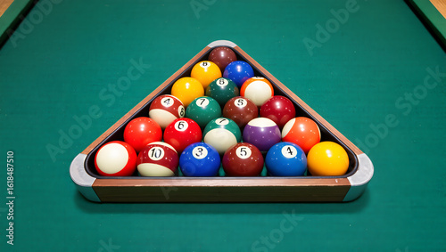 Ultra realistic close-up of a glossy black 8-ball reflecting overhead lights, set on a green felt pool table, shallow depth of field, cinematic lighting