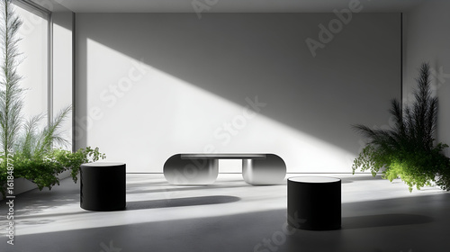A sleek, modern bench sits between two cylindrical pedestals a minimalist interior, bathed sunlight streaming through a large window, lush greenery flanking scene.